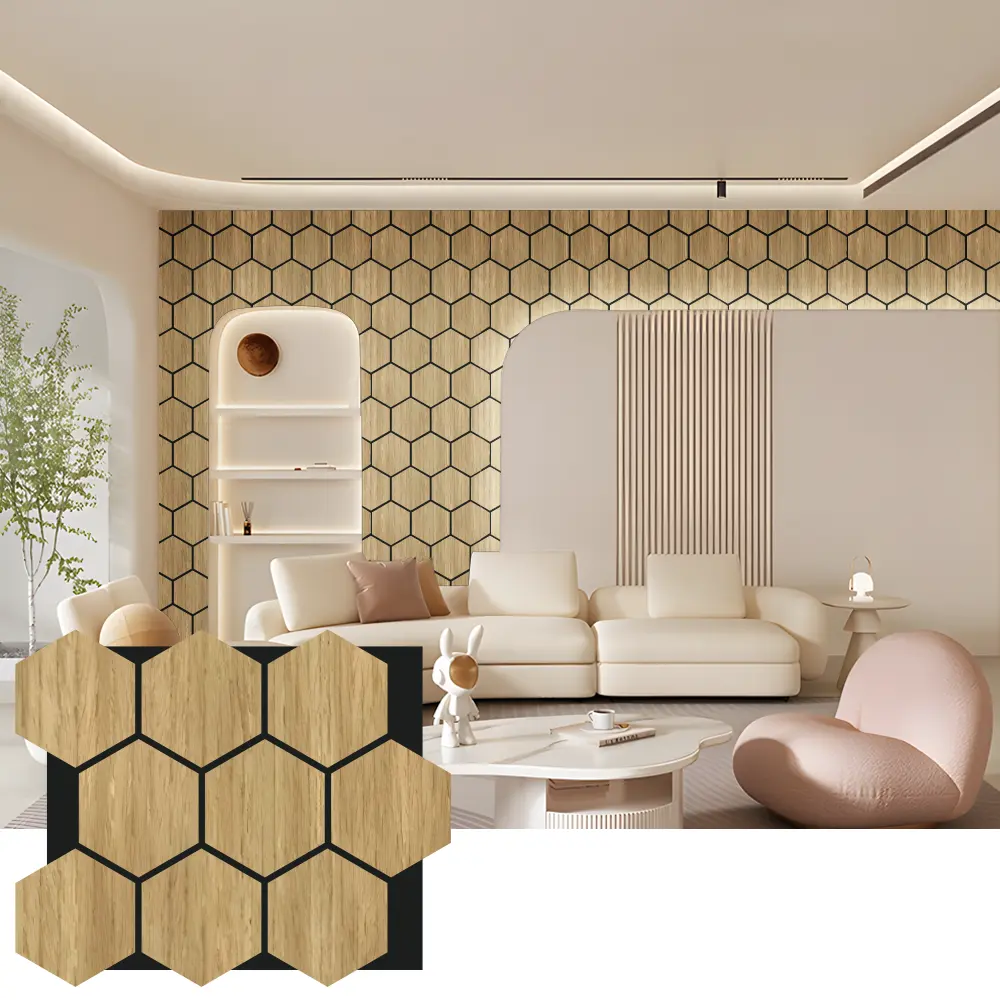 Panouri de perete din lemn acustic hexagonal pentru amenajari interioare Panouri de perete din lemn acustic hexagonal pentru amenajari interioare